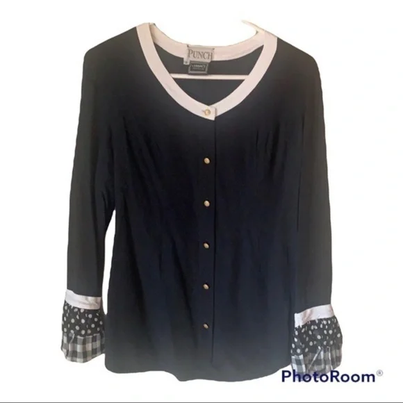 Versace Vintage Black with Polka Dot and Plaid accents Blouse - Picture 2 of 8